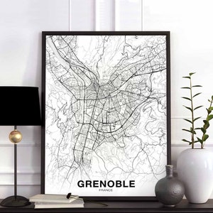 GRENOBLE France carte affiche noir blanc ville natale ville impression moderne décor à la maison bureau décoration mur art dortoir chambre cadeau