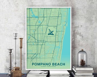 POMPANO BEACH Florida FL usa map poster color Hometown City Print Modern Home Decor Office Decoration Wall Art Dorm Bedroom Gift
