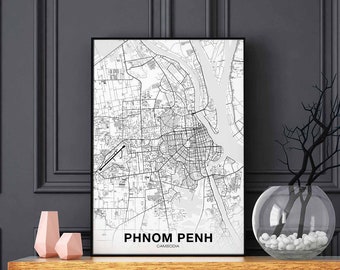 PHNOM PENH Cambodia map poster black white Hometown City Print Modern Home Decor Office Decoration Wall Art Dorm Bedroom Gift