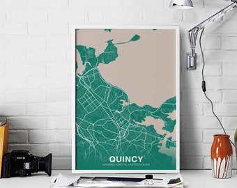 QUINCY Massachusetts MA USA map poster color Hometown City Print Modern Home Decor Office Decoration Wall Art Dorm Bedroom Gift