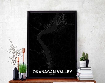 OKANAGAN VALLEY Canada map poster black white Hometown City Print Modern Home Decor Office Decoration Wall Art Dorm Bedroom Gift
