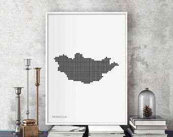 MONGOLIA minimal dots retro map poster black white wall decor design modern swiss scandinavian nordic housewarming travel