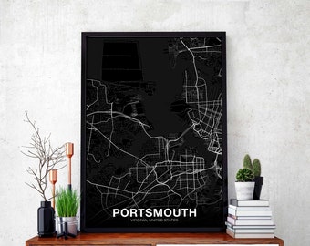 PORTSMOUTH Virginia VA USA map poster black white Hometown City Print Modern Home Decor Office Decoration Wall Art Dorm Bedroom Gift