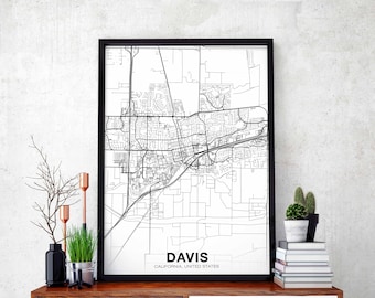 DAVIS California CA USA map poster black white Hometown City Print Modern Home Decor Office Decoration Wall Art Dorm Bedroom Gift