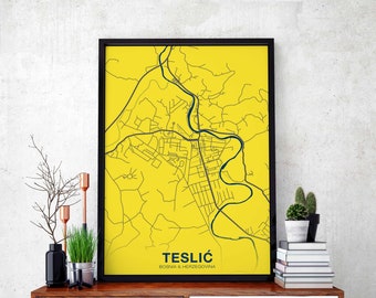 TESLIC Bosnia & Herzegovina map poster color Hometown City Print Modern Home Decor Office Decoration Wall Art Dorm Bedroom Gift