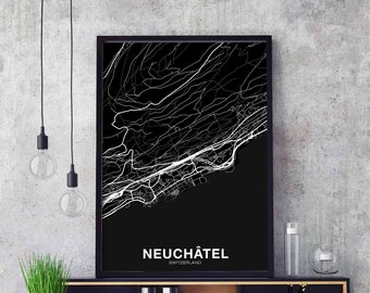 NEUCHATEL Switzerland map poster black white Hometown City Print Modern Home Decor Office Decoration Wall Art Dorm Bedroom Gift