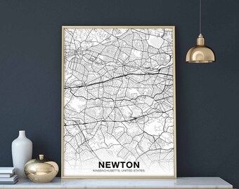 NEWTON Massachusetts MA US map poster black white  Hometown City Print Modern Home Decor Office Decoration Wall Art Dorm Bedroom Gift