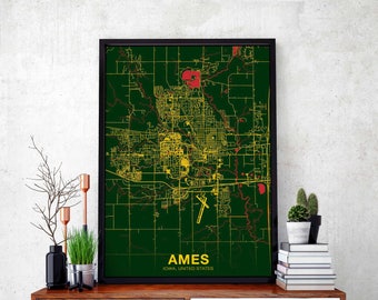 AMES Iowa IA US map poster color Hometown City Print Modern Home Decor Office Decoration Wall Art Dorm Bedroom Gift