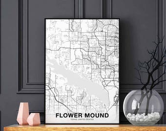 FLOWER MOUND Texas TX usa map poster black white Hometown City Print Modern Home Decor Office Decoration Wall Art Dorm Bedroom Gift