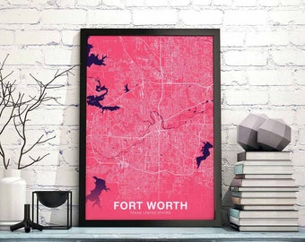 FORT WORTH Texas TX us map poster color Hometown City Print Modern Home Decor Office Decoration Wall Art Dorm Bedroom Gift