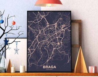 BRAGA Portugal map poster color Hometown City Print Modern Home Decor Office Decoration Wall Art Dorm Bedroom Gift