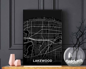 LAKEWOOD Ohio OH USA map poster black white Hometown City Print Modern Home Decor Office Decoration Wall Art Dorm Bedroom Gift