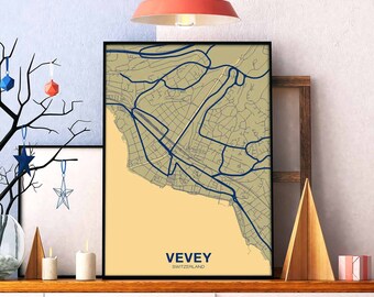 VEVEY Switzerland map poster color Hometown City Print Modern Home Decor Office Decoration Wall Art Dorm Bedroom Gift