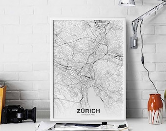 ZURICH Switzerland map poster black white Hometown City Print Modern Home Decor Office Decoration Wall Art Dorm Bedroom Gift