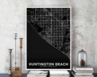 HUNTINGTON BEACH California CA usa map poster black white Hometown City Print Modern Home Decor Office Decoration Wall Art Dorm Bedroom Gift