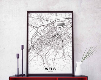 WELS Austria map poster black white Hometown City Print Modern Home Decor Office Decoration Wall Art Dorm Bedroom Gift