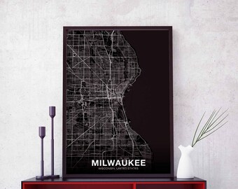MILWAUKEE Wisconsin WI USA map poster black white Hometown City Print Modern Home Decor Office Decoration Wall Art Dorm Bedroom Gift