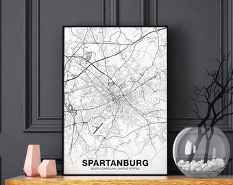 SPARTANBURG South Carolina SC USA map poster black white Hometown City Print Modern Home Decor Office Decoration Wall Art Dorm Bedroom Gift