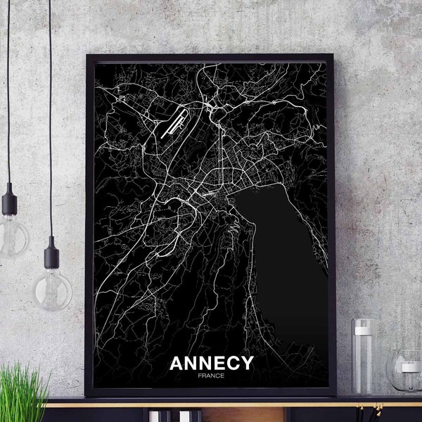 ANNECY France carte affiche noir blanc Ville Natale Imprimer Moderne Maison Décor Bureau Décoration Art Mural Dortoir Chambre Cadeau