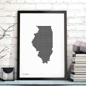 ILLINOIS EUA estado pontos mínimos retro mapa pôster preto branco decoração de parede design moderno suíço escandinavo nórdico inauguração de casa viagem