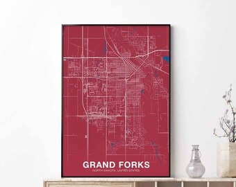 GRAND FORKS North Dakota USA map poster color Hometown City Print Modern Home Decor Office Decoration Wall Art Dorm Bedroom Gift