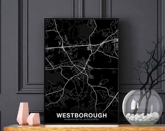 WESTBOROUGH Massachusetts MA USA map poster black white Hometown City Print Modern Home Decor Office Decoration Wall Art Dorm Bedroom Gift
