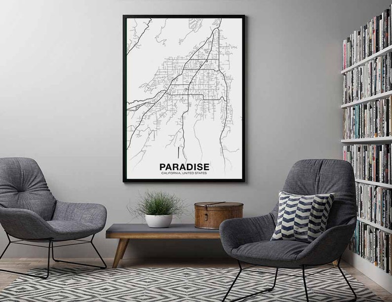PARADISE California ca usa mapa póster negro blanco Ciudad natal Imprimir Decoración moderna Decoración de la oficina Decoración de la pared Arte Dormitorio Dormitorio Regalo imagen 5