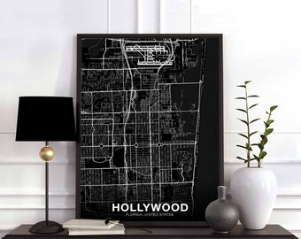 HOLLYWOOD Florida FL USA map poster black white Hometown City Print Modern Home Decor Office Decoration Wall Art Dorm Bedroom Gift
