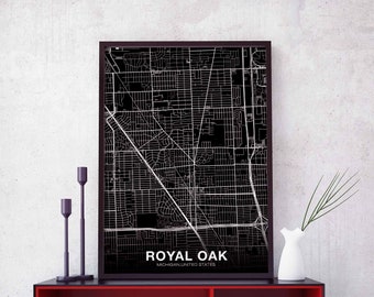 ROYAL OAK Michigan MI usa map poster black white Hometown City Print Modern Home Decor Office Decoration Wall Art Dorm Bedroom Gift