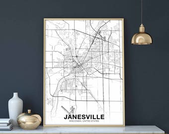 JANESVILLE Wisconsin  WI USA map poster black white Hometown City Print Modern Home Decor Office Decoration Wall Art Dorm Bedroom Gift