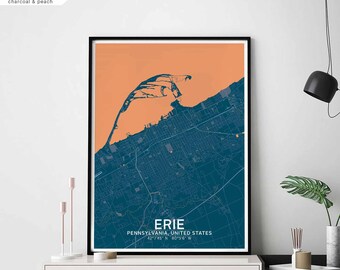 ERIE Pennsylvania USA map poster black white Hometown City Print Modern Home Decor Office Decoration Wall Art Dorm Bedroom Gift