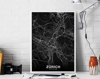 ZÜRICH / ZURICH Switzerland map poster black white Hometown City Print Modern Home Decor Office Decoration Wall Art Dorm Bedroom Gift