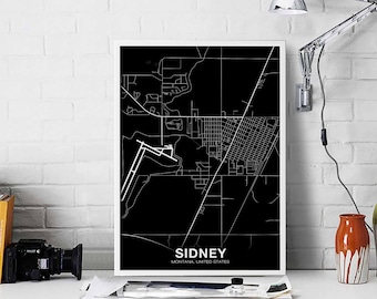 SIDNEY Montana MT USA map poster black white Hometown City Print Modern Home Decor Office Decoration Wall Art Dorm Bedroom Gift