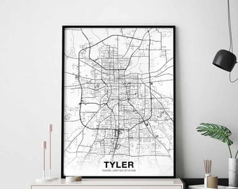 TYLER Texas TX USA map poster black white Hometown City Print Modern Home Decor Office Decoration Wall Art Dorm Bedroom Gift