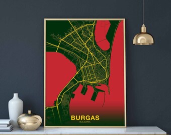 BURGAS Bulgaria map poster color Hometown City Print Modern Home Decor Office Decoration Wall Art Dorm Bedroom Gift