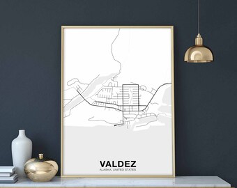 VALDEZ Alaska AK USA map poster black white Hometown City Print Modern Home Decor Office Decoration Wall Art Dorm Bedroom Gift