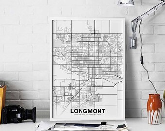 LONGMONT Colorado CO USA map poster black white  Hometown City Print Modern Home Decor Office Decoration Wall Art Dorm Bedroom Gift