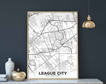 LEAGUE CITY Texas TX usa map poster black white  Hometown City Print Modern Home Decor Office Decoration Wall Art Dorm Bedroom Gift