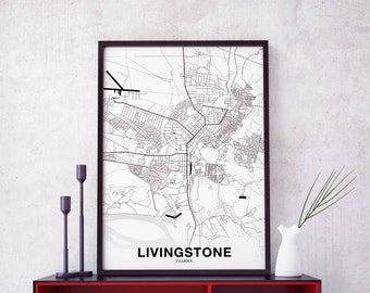 LIVINGSTONE Zambia map poster black white Hometown City Print Modern Home Decor Office Decoration Wall Art Dorm Bedroom Gift
