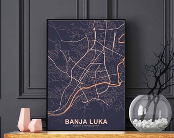 BANJA LUKA Bosnia & Herzegovina map poster color Hometown City Print Modern Home Decor Office Decoration Wall Art Dorm Bedroom Gift