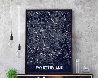 FAYETTEVILLE North Carolina NC US map poster color Hometown City Print Modern Home Decor Office Decoration Wall Art Dorm Bedroom Gift