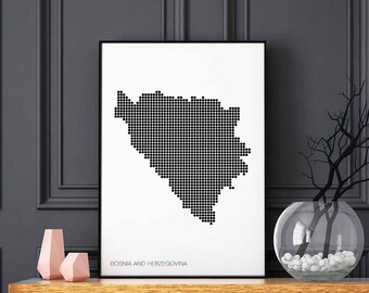 BOSNIA & HERZEGOVINA minimal dots retro map poster black white wall decor design modern swiss scandinavian nordic housewarming travel