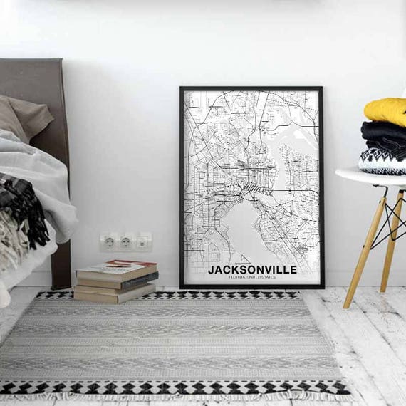 Jacksonville Florida Fl Usa Map Poster Black White Wall Decor Etsy
