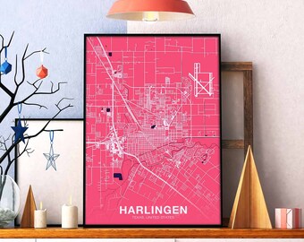 HARLINGEN Texas TX US map poster color Hometown City Print Modern Home Decor Office Decoration Wall Art Dorm Bedroom Gift