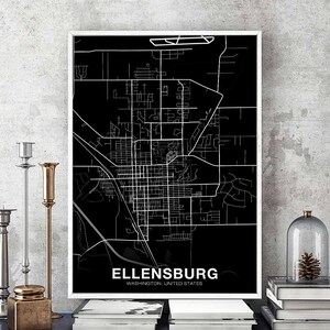 ELLENSBURG Washington WA USA carte affiche noir blanc ville natale ville impression moderne décor à la maison bureau décoration mur art dortoir chambre cadeau