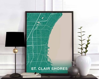 ST CLAIR SHORES Michigan mi usa map poster color Hometown City Print Modern Home Decor Office Decoration Wall Art Dorm Bedroom Gift