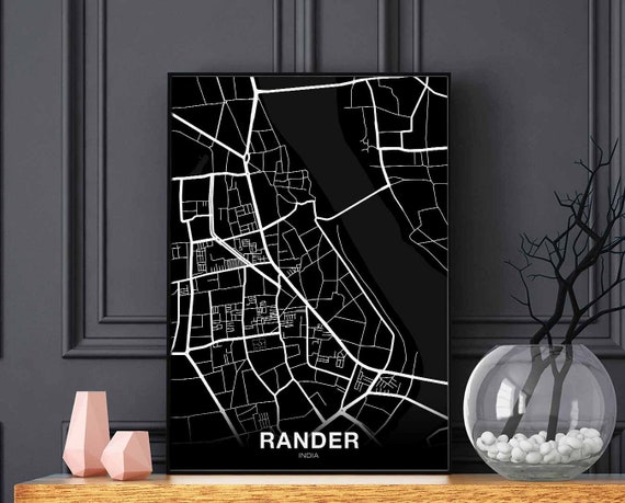 Rander India Map Poster Black White Hometown City Print Modern Etsy