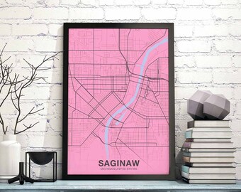 SAGINAW Michigan MI USA map poster color Hometown City Print Modern Home Decor Office Decoration Wall Art Dorm Bedroom Gift