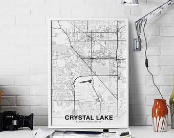 CRYSTAL LAKE Illinois il USA map poster black white Hometown City Print Modern Home Decor Office Decoration Wall Art Dorm Bedroom Gift