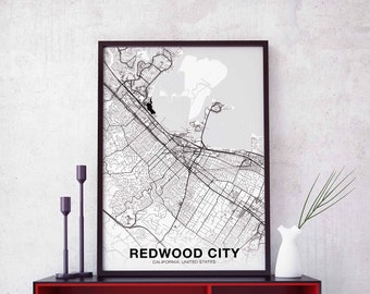 REDWOOD CITY California CA usa map poster black white Hometown City Print Modern Home Decor Office Decoration Wall Art Dorm Bedroom Gift